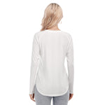 White All-Over Print Women's Raglan Sleeves U-Shaped Hem Long Sleeves Blouse