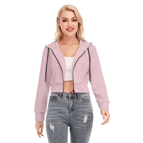 Pink All-Over Print Women's Crop Top Hoodie With Zipper Closure