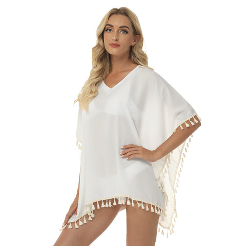 White All-Over Print Women's Square Fringed Shawl