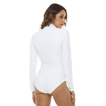 White All-Over Print Women's Stretchy Turtleneck Long Sleeve Bodysuit