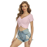 Pink All-Over Print Women's Raglan Drawstring Front Crop Tee