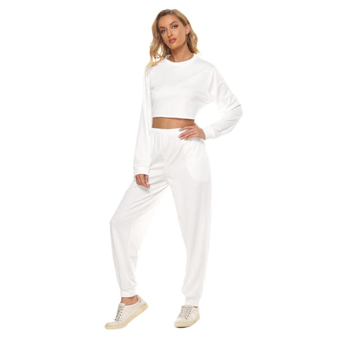 White All-Over Print Women's Crop Sweatshirt Suit