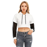 White All-Over Print Women's Fake Two-piece Mesh Sleeve Cropped Hoodie