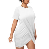 White All-Over Print Women’s Stacked Hem Dress With Short Sleeve（Plus Size）