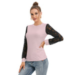 Pink All-Over Print Women's T-shirt And Sleeve With Black Lace