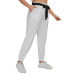 White All-Over Print Women’s Trousers With Waist Belt(Plus Size)