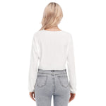 White All-Over Print Women's V-neck Lapel Long Sleeve Cropped T-shirt