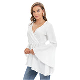 White All-Over Print Women's V-neck Blouse With Flared Sleeves