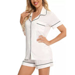 White All-Over Print Women's Imitation Silk Pajama Sets With Short Sleeve