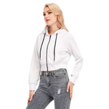 White All-Over Print Women's Crop Top Hoodie With Zipper Closure