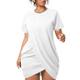 White All-Over Print Women’s Stacked Hem Dress With Short Sleeve（Plus Size）