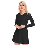 Black All-Over Print Women's V-neck Long Sleeve Dress