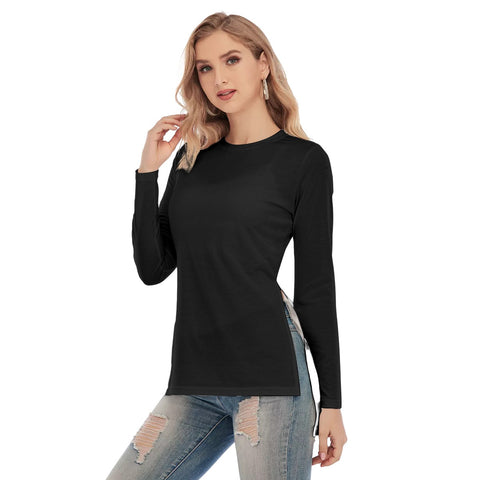 Black All-Over Print Women's Side Split Long T-shirt