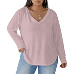 Pink All-Over Print Women's V-neck T-shirt With Curved Hem(Plus Size)