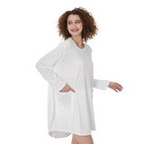 White All-Over Print Women's Casual Loose Long Sleeve Dress With Pocket