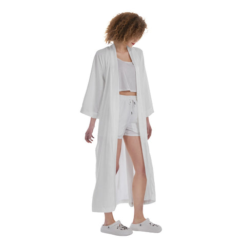 White All-Over Print Women's Satin Kimono Long Robe