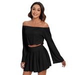 Black All-Over Print Women's Off-shoulder Top And Skirt Set