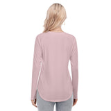 Pink All-Over Print Women's Raglan Sleeves U-Shaped Hem Long Sleeves Blouse