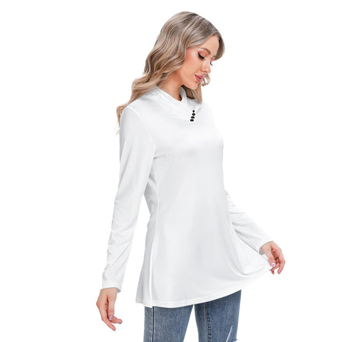 White All-Over Print Women's Long-sleeved Heap-neck Slim Casual Tunic Blouse