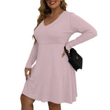 Pink All-Over Print Women's V-neck Long Sleeve Dress(Plus Size)