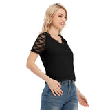 Black All-Over Print Women's V-neck T-shirt With Lace