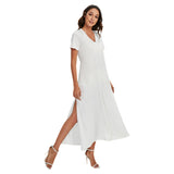 White All-Over Print Women's V-neck Dress With Side Slit