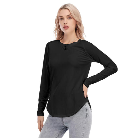 Black All-Over Print Women's Raglan Sleeves U-Shaped Hem Long Sleeves Blouse