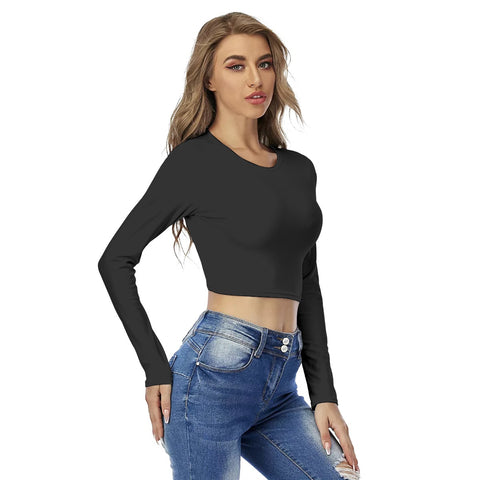 Black All-Over Print Women's Round Neck Crop Top T-Shirt