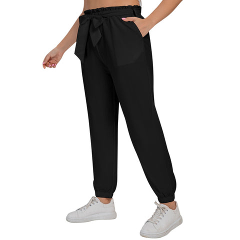 Black All-Over Print Women’s Trousers With Waist Belt(Plus Size)