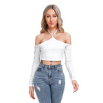 White All-Over Print Women's Halter Lace-up Top