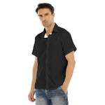 Black All-Over Print Men's Lapel Collar Short Sleeve T-shirt With Concealed Placket