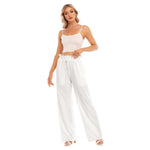 White All-Over Print Women's Waist Fungus Edge Wide-leg Pants