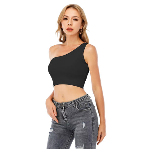 Black  All-Over Print Women's One-Shoulder Cropped Top