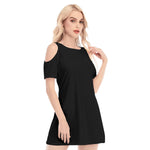 Black All-Over Print Women's Cold Shoulder O-neck Dress