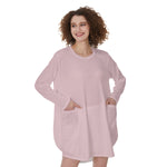 Pink All-Over Print Women's Casual Loose Long Sleeve Dress With Pocket