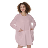 Pink All-Over Print Women's Casual Loose Long Sleeve Dress With Pocket