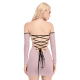 Pink All-Over Print Women's Off-shoulder Back Lace-up Dress