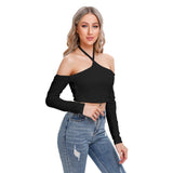 Black All-Over Print Women's Halter Lace-up Top