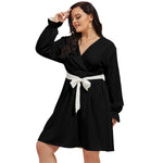 Black All-Over Print Women's V-neck Dress With Waistband(Plus Size)