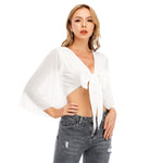 White All-Over Print Women's Ruffled Cropped T-shirt With Bandage