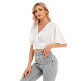 White All-Over Print Women's Bat Sleeve Crop Top