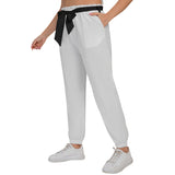 White All-Over Print Women’s Trousers With Waist Belt(Plus Size)