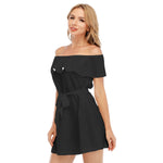 Black All-Over Print Women's Off-shoulder Dress With Ruffle