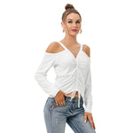 White All-Over Print Women’s V-neck Cold Shoulder Blouse With Long Sleeve