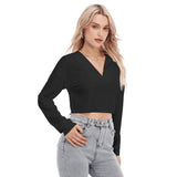 Black All-Over Print Women's V-neck Lapel Long Sleeve Cropped T-shirt