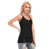 Black All-Over Print Women's V-neck Eyelet Lace-up Cami Dress