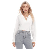 White All-Over Print Women's V-neck Lapel Long Sleeve Cropped T-shirt