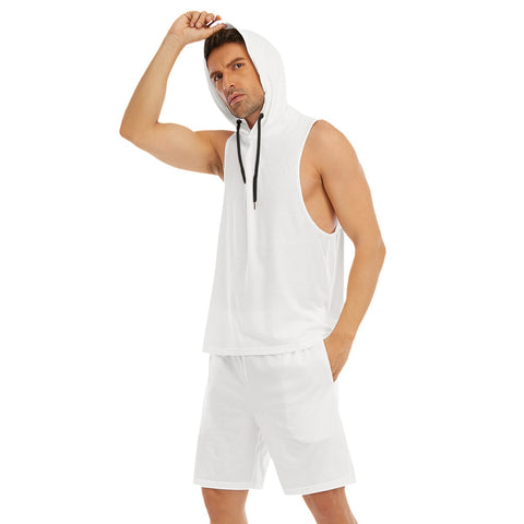 White All-Over Print Men's Sleeveless Vest And Shorts Sets