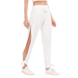 White All-Over Print Women's High Side Slits Pants With Bottom Strap