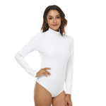 White All-Over Print Women's Stretchy Turtleneck Long Sleeve Bodysuit